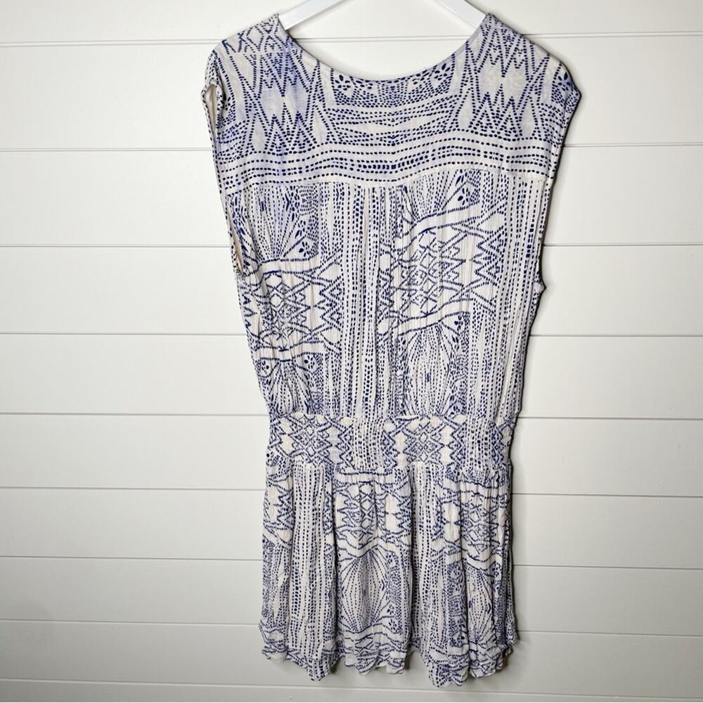 KORI Aztec Tribal Print Crinkle Stretch Waist Blouson Dress Blue White Size L - Picture 5 of 8